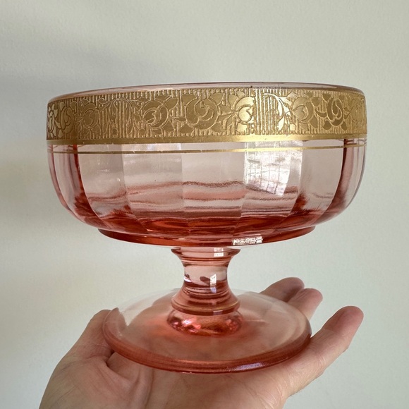Vintage Pink Glass Footed Compote Candy Dish Gold Trim Tiffin Rambler Rose - Picture 3 of 14